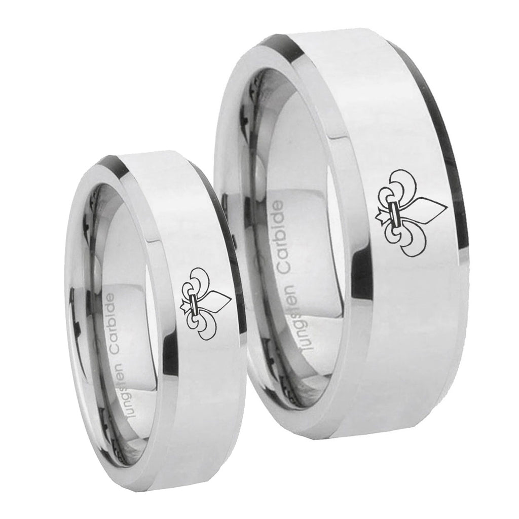 Fleur De Lis Beveled Edges Silver Tungsten Couple Rings