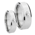 Fleur De Lis Beveled Edges Silver Tungsten Couple Rings