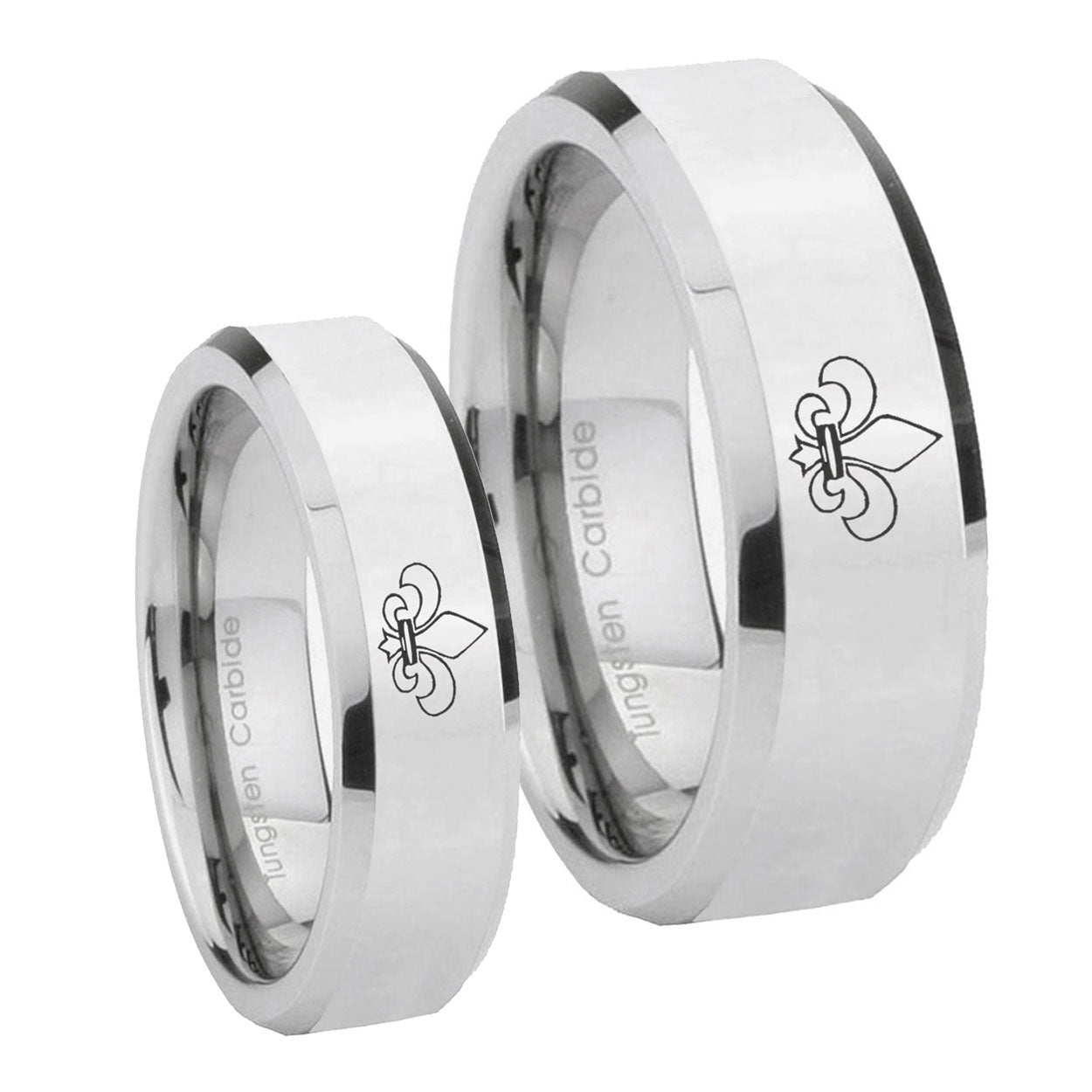 Fleur De Lis Beveled Edges Silver Tungsten Couple Rings