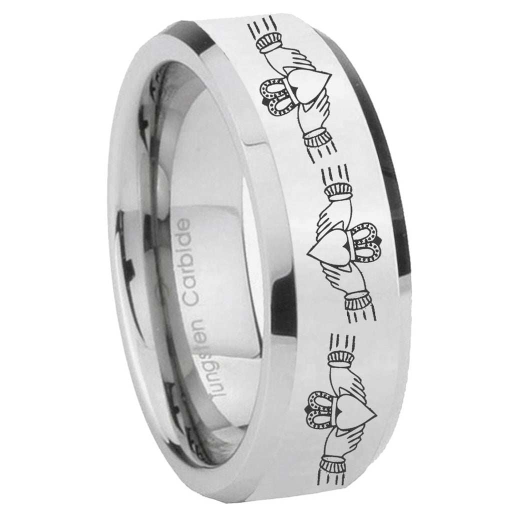 10mm Irish Claddagh Beveled Edges Silver Tungsten Carbide Mens Ring