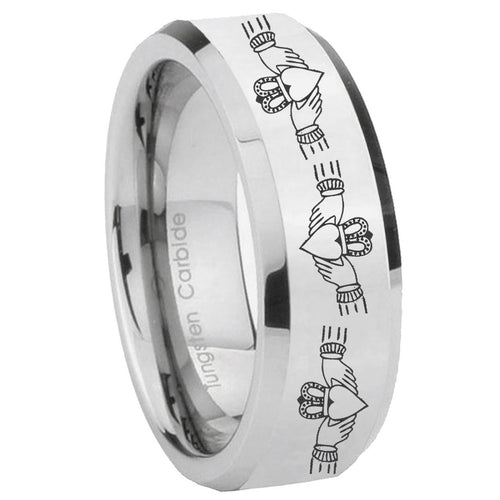 10mm Irish Claddagh Beveled Edges Silver Tungsten Carbide Mens Ring