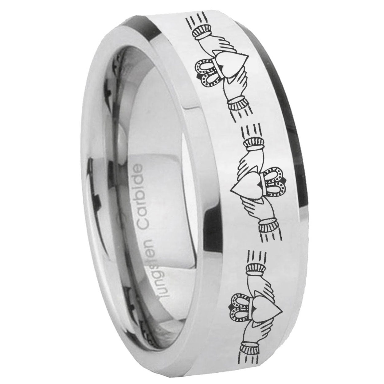 8MM Irish Claddagh Bevel Polish Silver Tungsten Engrave Man Ring