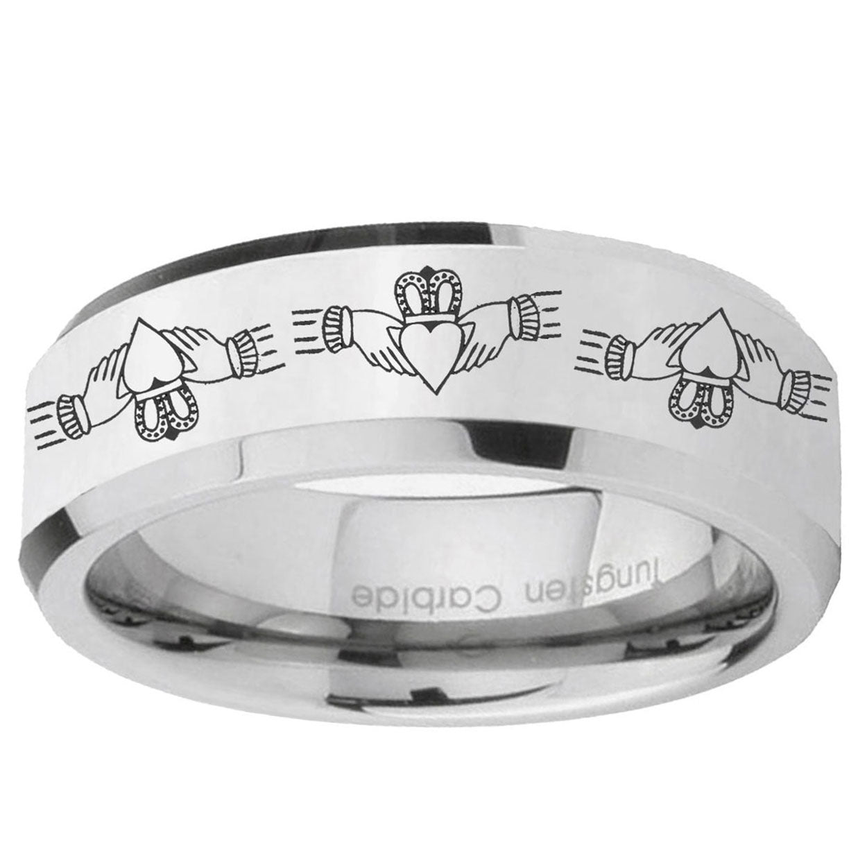 10mm Irish Claddagh Beveled Edge Silver Tungsten Carbide Mens Ring
