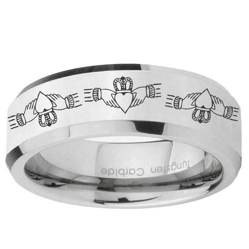 10mm Irish Claddagh Beveled Edge Silver Tungsten Carbide Mens Ring