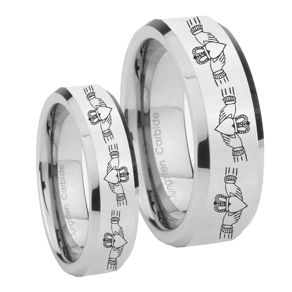 Irish Claddagh Beveled Edges Silver Tungsten His Hers Set Rings