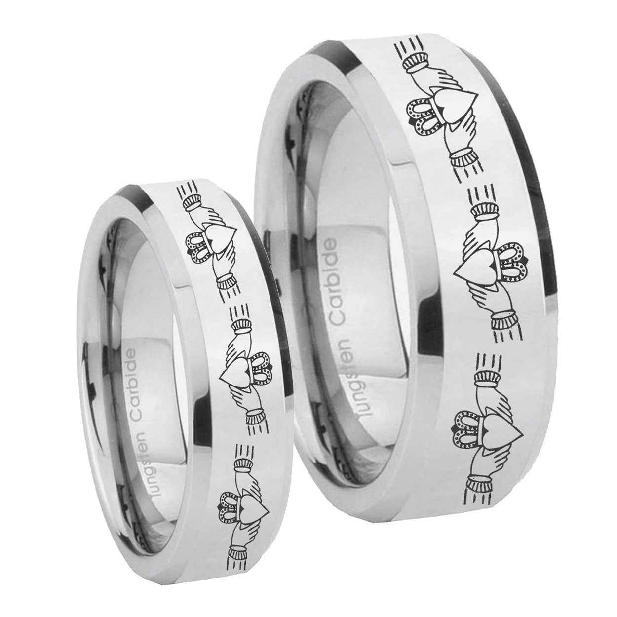 Irish Claddagh Beveled Edges Silver Tungsten His Hers Set Rings