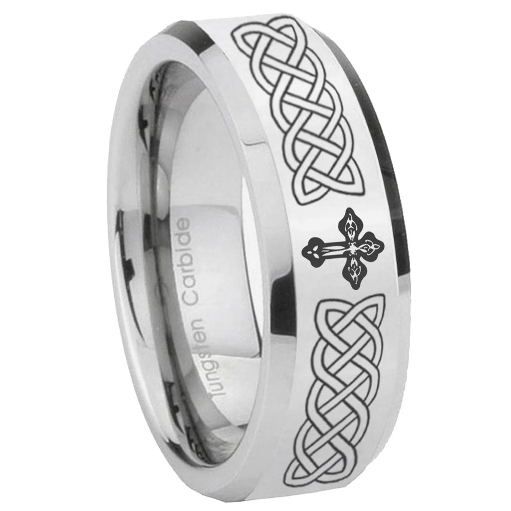 10mm Celtic Cross Beveled Edges Silver Tungsten Carbide Mens Anniversary Ring