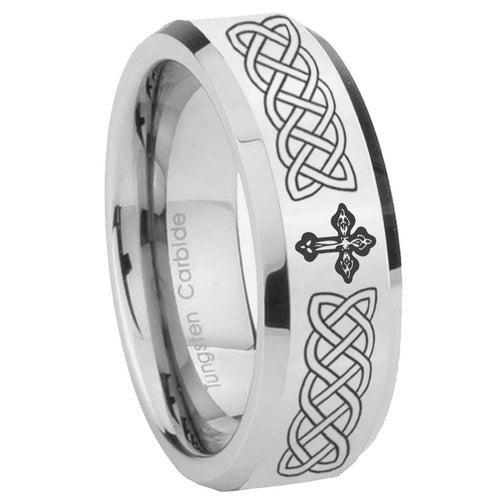 10mm Celtic Cross Beveled Edges Silver Tungsten Carbide Mens Anniversary Ring