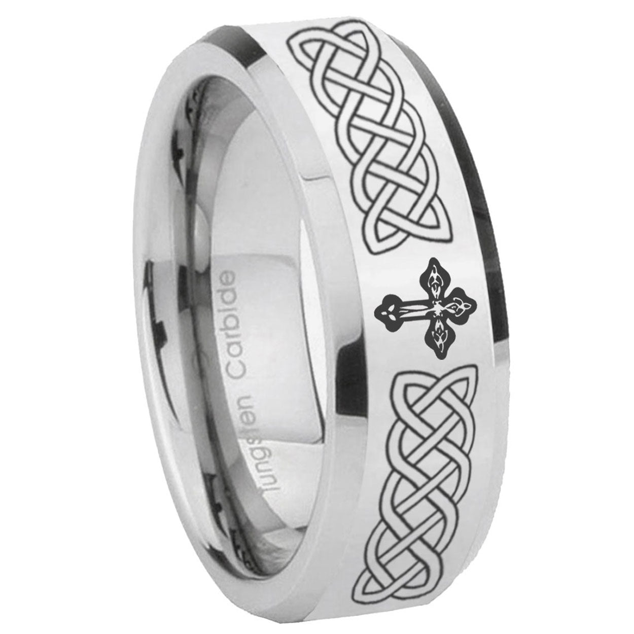 8MM Celtic Cross Bevel Polish Silver Tungsten Men And Women Ring