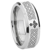 8mm Celtic Cross Beveled Edges Silver Tungsten Carbide Mens Ring Engraved