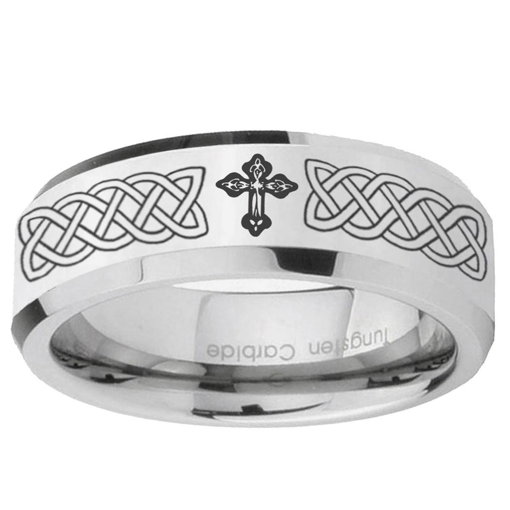 10mm Celtic Cross Beveled Edge Silver Tungsten Ring