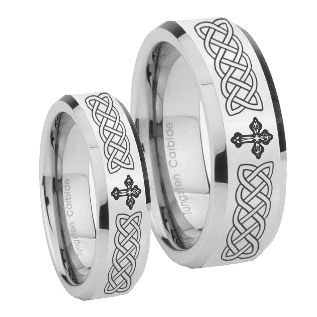 Celtic Cross Beveled Edges Silver Tungsten Bridal Ring Sets