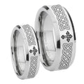 Celtic Cross Beveled Edges Silver Tungsten Bridal Ring Sets