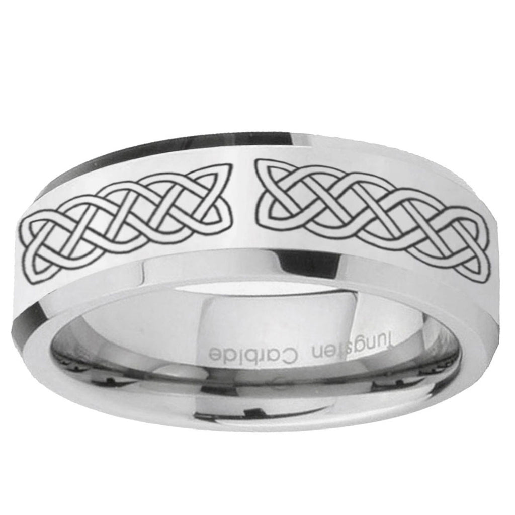 10mm Celtic Knot Beveled Edge Silver Tungsten Ring