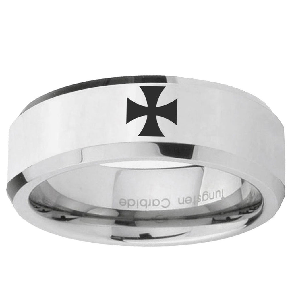 10mm Maltese Cross Beveled Edge SilverTungsten Ring