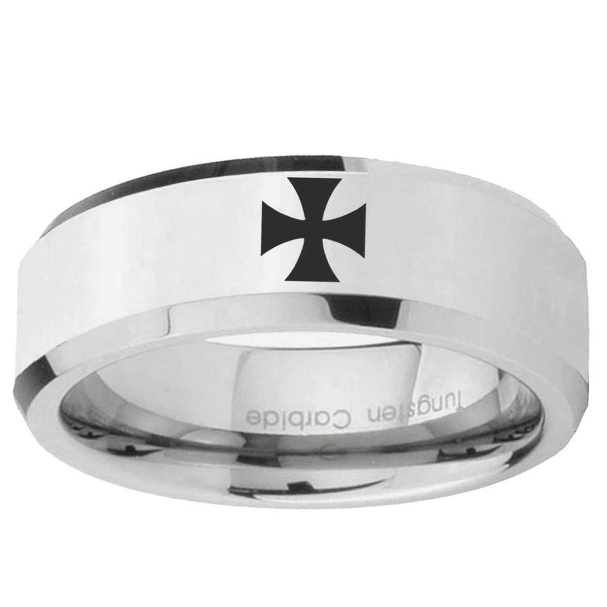 10mm Maltese Cross Beveled Edge SilverTungsten Ring
