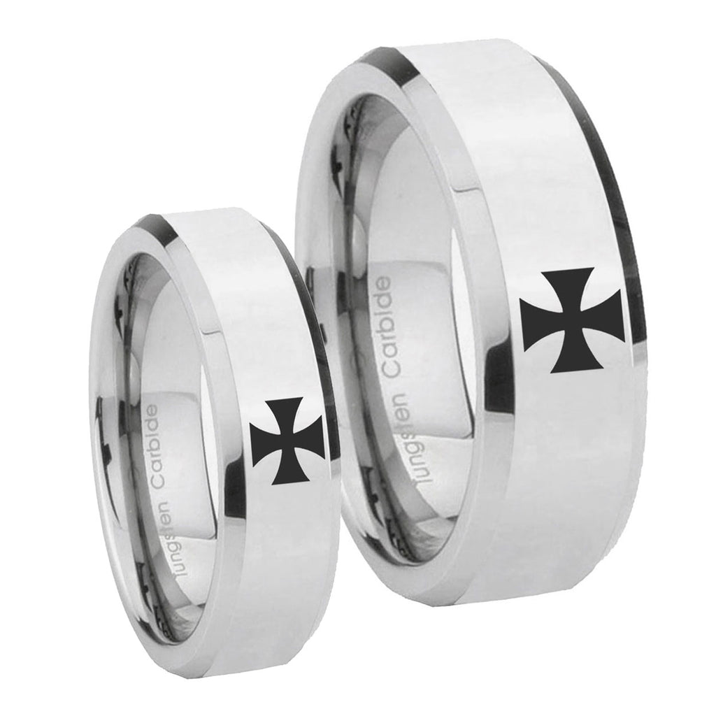 Maltese Cross Beveled Edges Silver Tungsten Couple Wedding Bands
