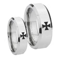 Maltese Cross Beveled Edges Silver Tungsten Couple Wedding Bands