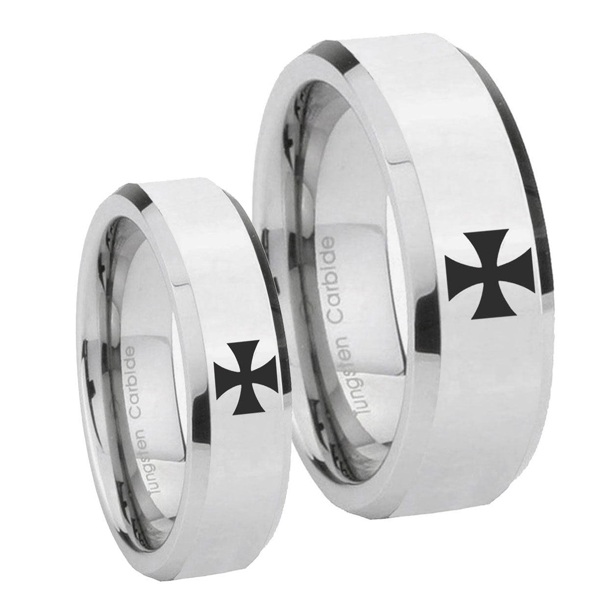 Maltese Cross Beveled Edges Silver Tungsten Couple Wedding Bands