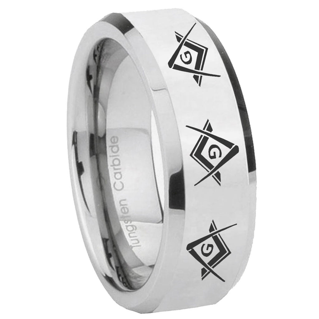 10mm Master Mason Masonic Beveled Edges Silver Tungsten Men's Band Ring