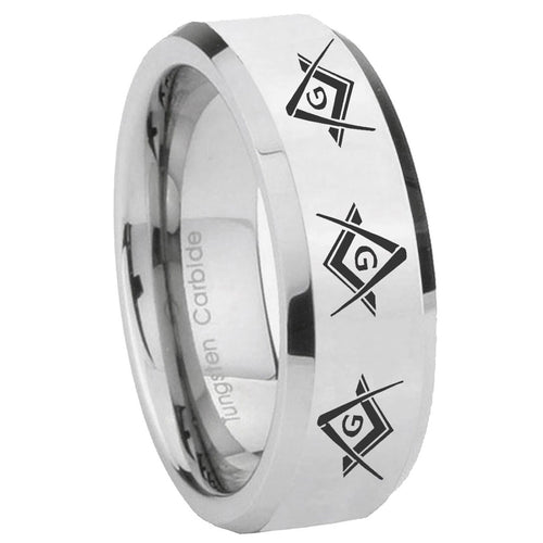 10mm Master Mason Masonic Beveled Edges Silver Tungsten Men's Band Ring