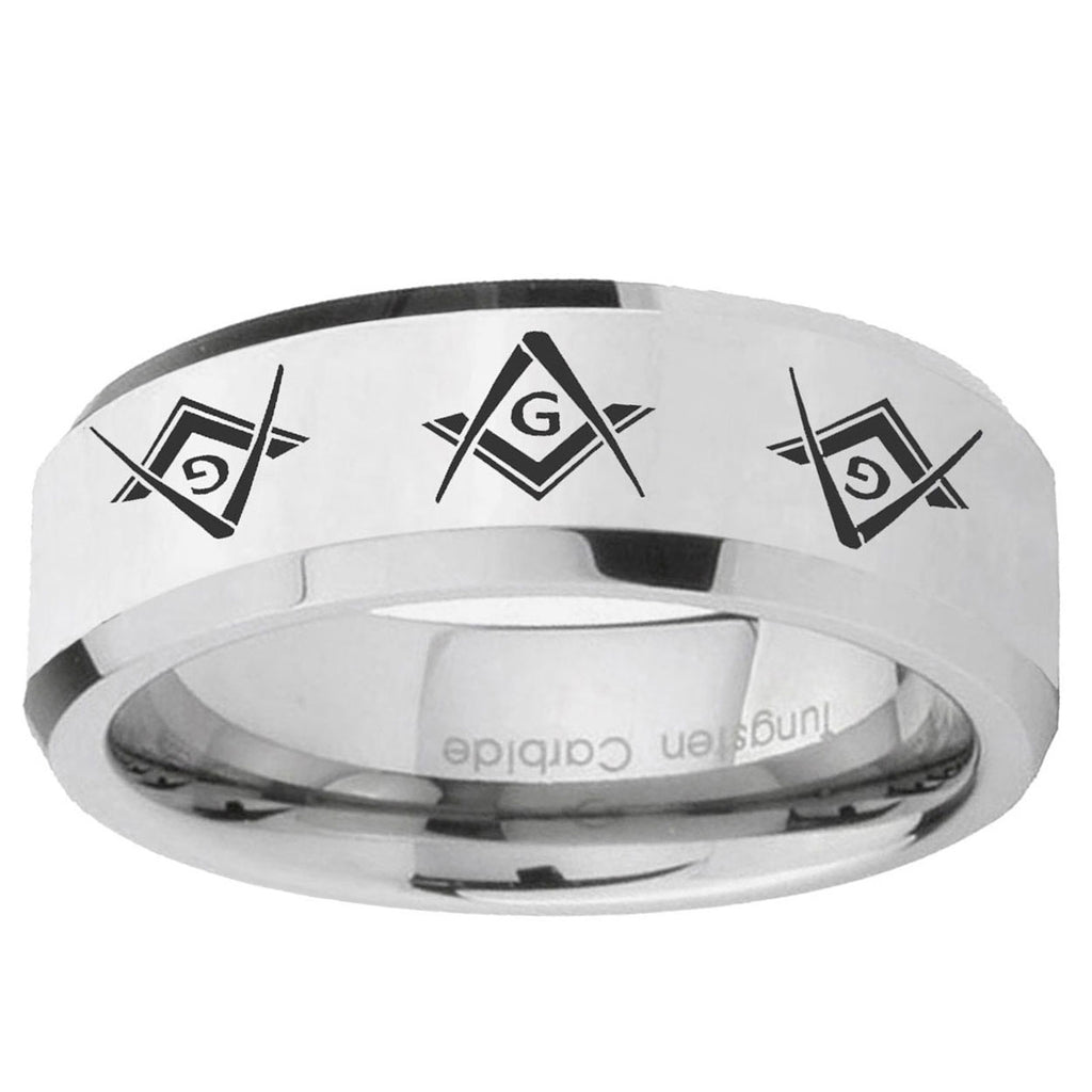 10mm Master Mason Masonic Beveled Edge Silver Tungsten Ring