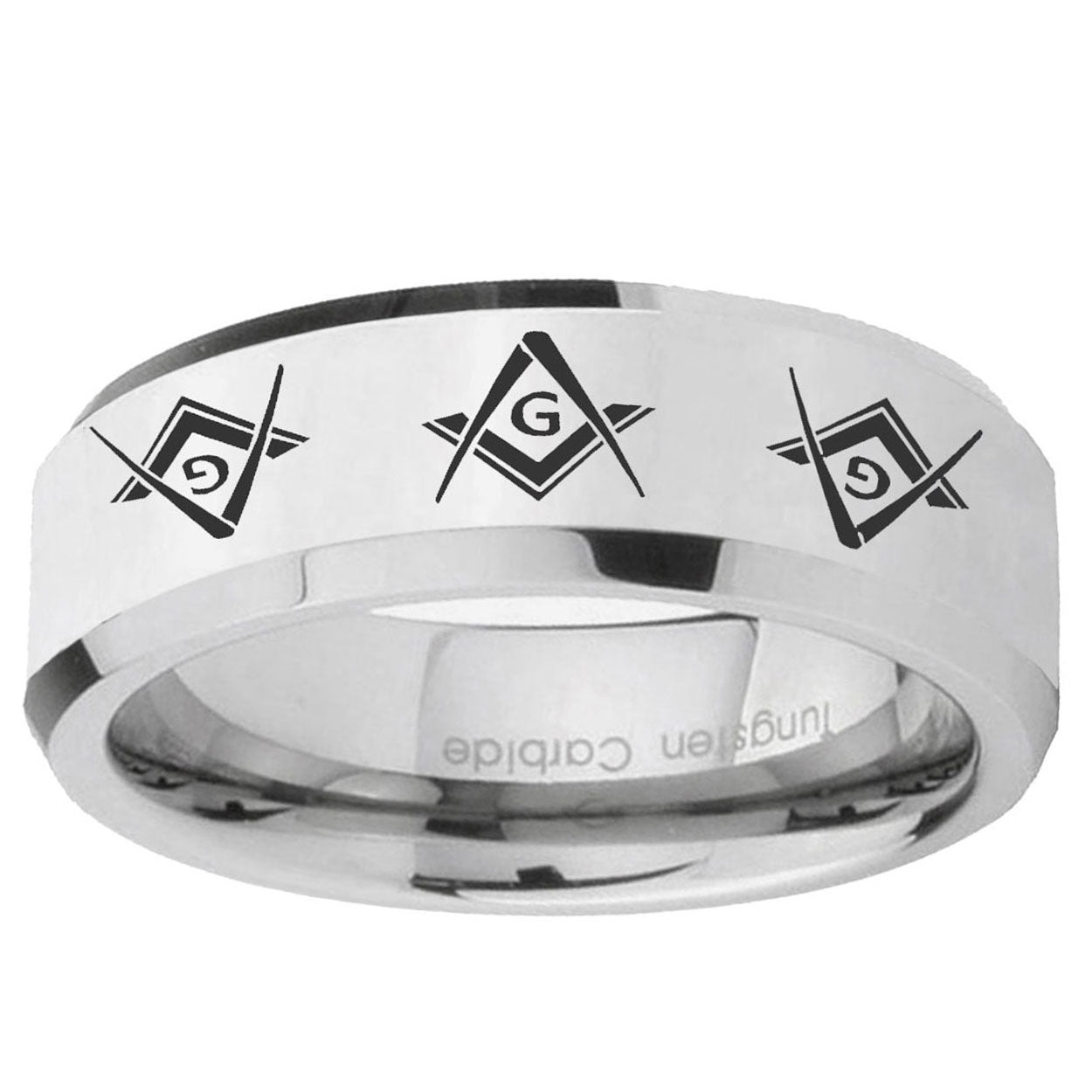 10mm Master Mason Masonic Beveled Edge Silver Tungsten Ring