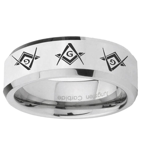 10mm Master Mason Masonic Beveled Edge Silver Tungsten Ring