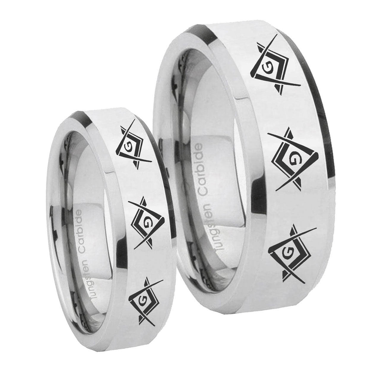 Master Mason Masonic Beveled Edges Silver Tungsten Couple Rings