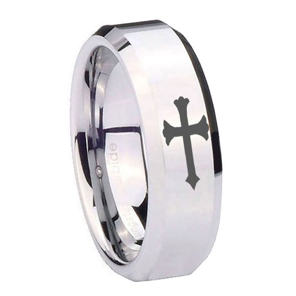 10mm-Christian-Cross-Beveled-Edges-Silver-Tungsten-Carbide-Custom-Mens-Ring