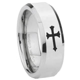 10mm Christian Cross Beveled Edges Silver Tungsten Carbide Custom Mens Ring