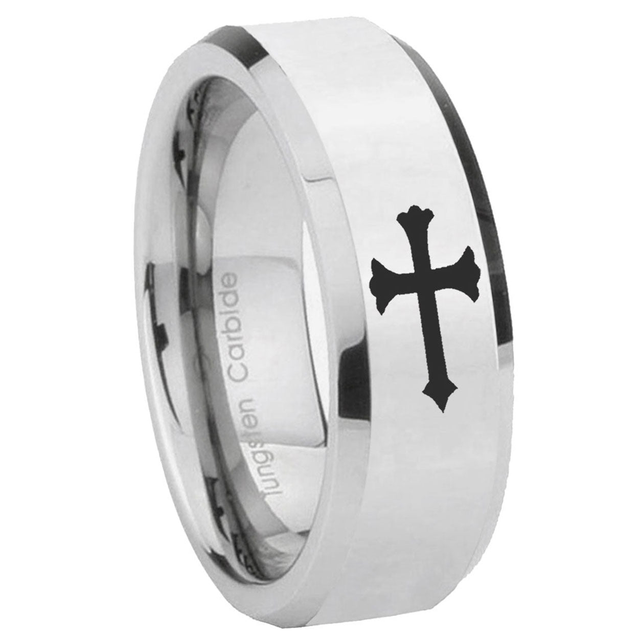 8MM Christian Cross Bevel Polish Silver Tungsten Promise Ring For Men