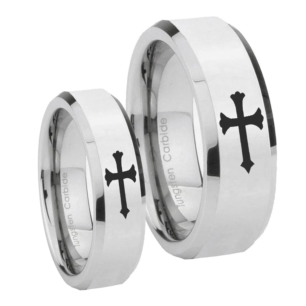 Christian Cross Beveled Edges Silver Tungsten Wedding Ring Set