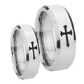 Christian Cross Beveled Edges Silver Tungsten Wedding Ring Set