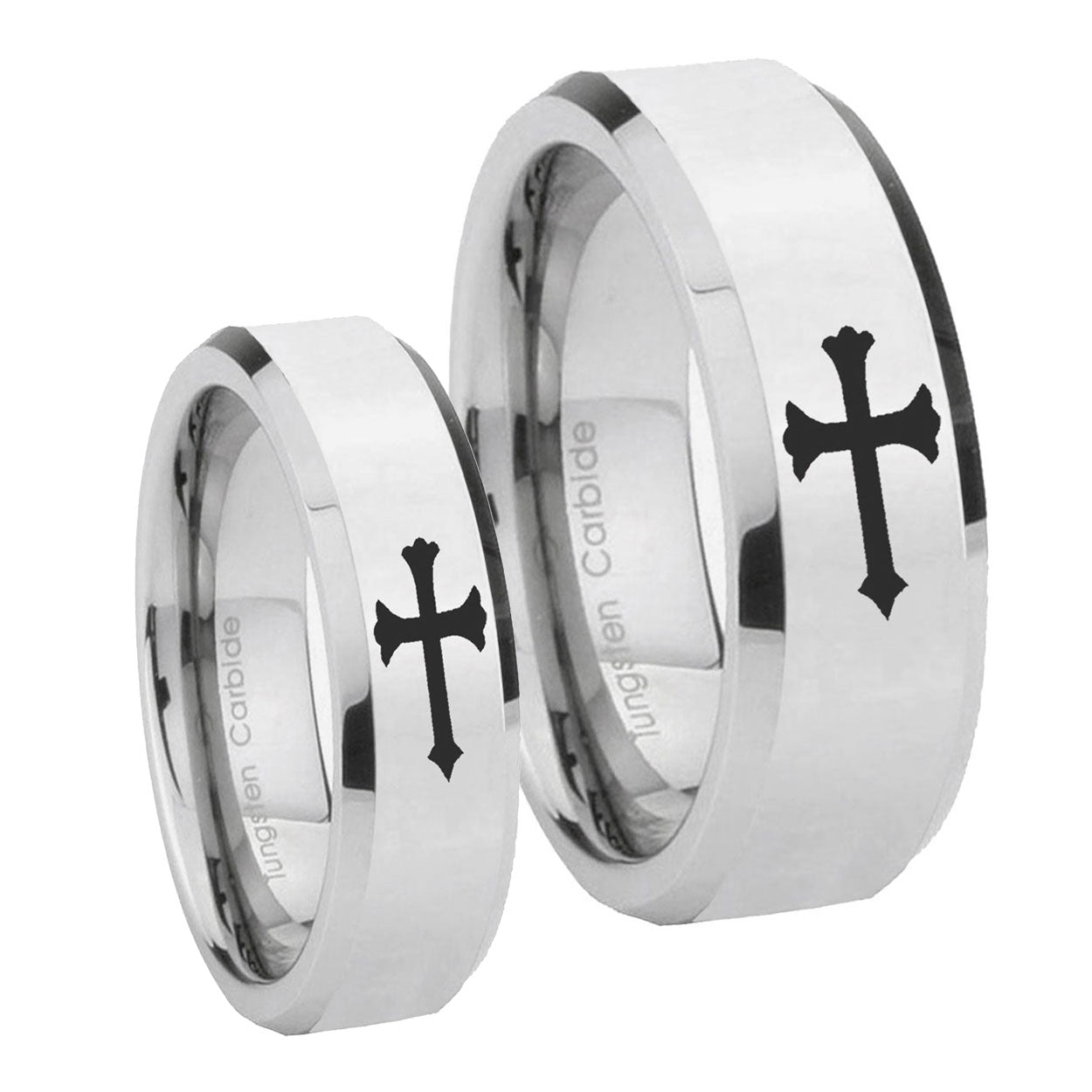 Christian Cross Beveled Edges Silver Tungsten Wedding Ring Set