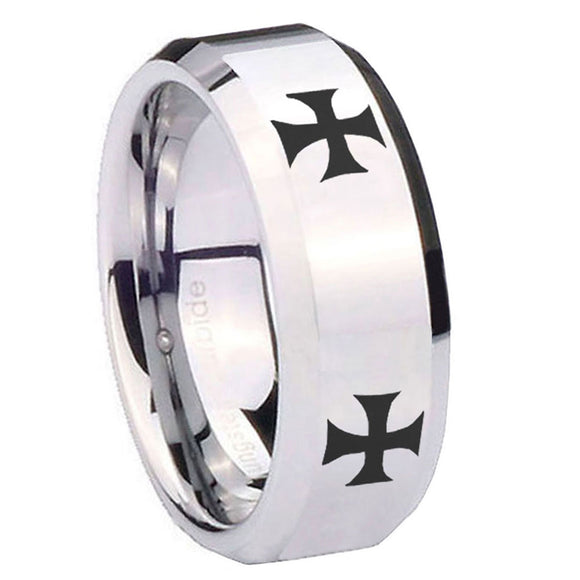 8mm-4-Maltese-Cross-Beveled-Edges-Silver-Tungsten-Carbide-Men's-Band-Ring