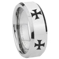 8MM 4 Maltese Cross Bevel Polish Silver Tungsten Ring