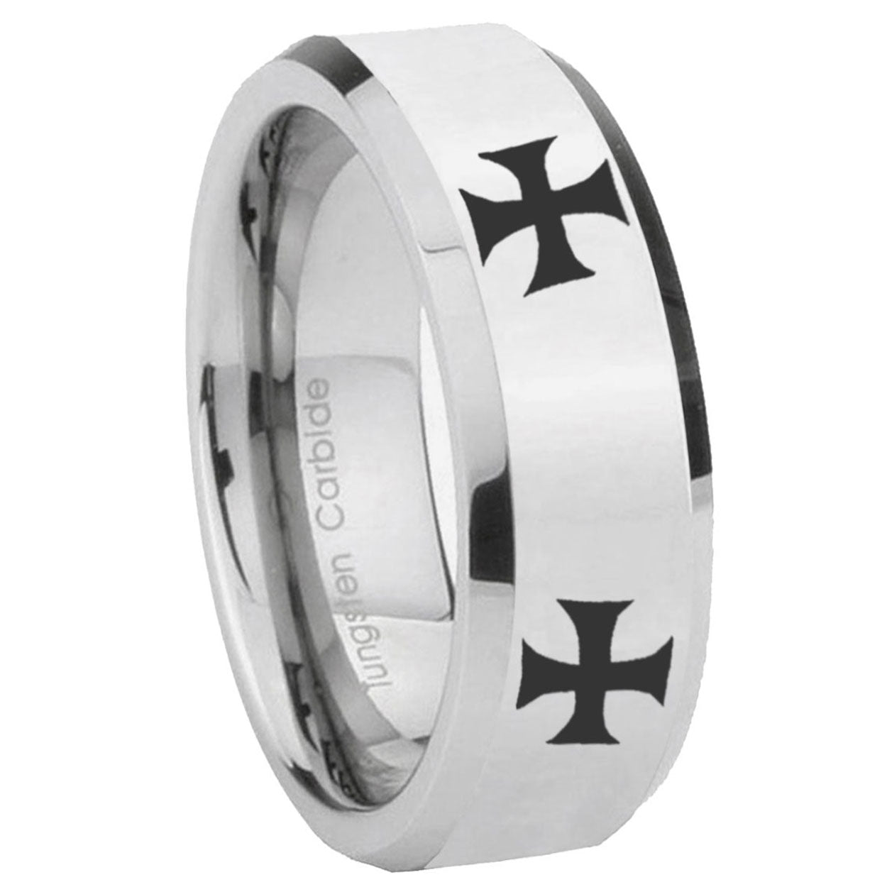 8MM 4 Maltese Cross Bevel Polish Silver Tungsten Ring
