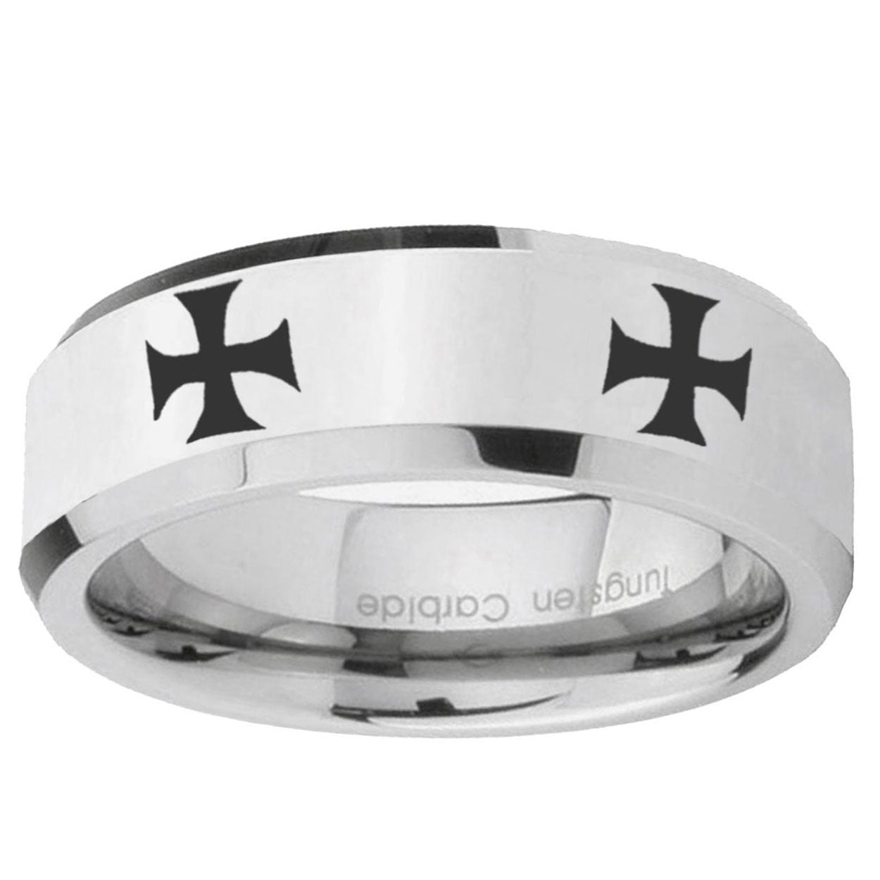 10mm 4 Maltese Cross Beveled Edge Silver Tungsten Ring