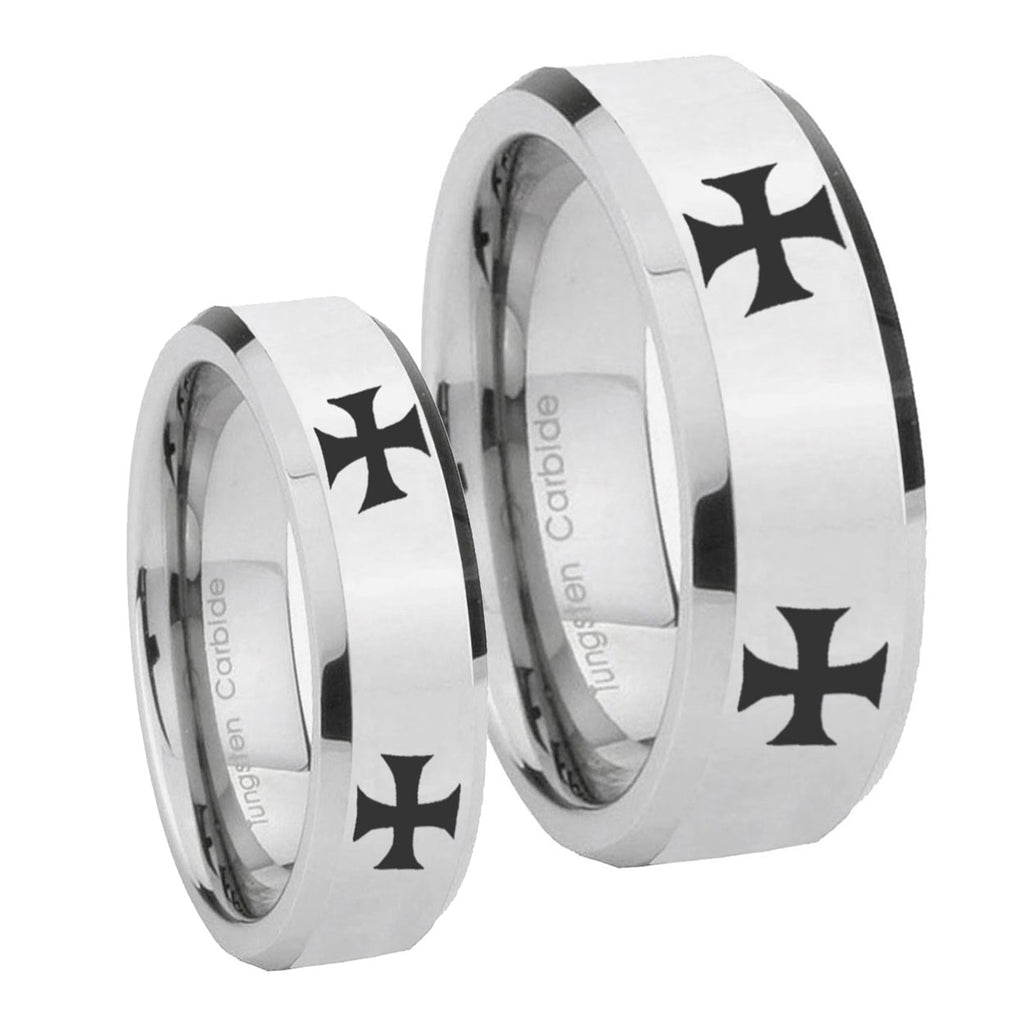 4 Maltese Cross Beveled Edges Silver Tungsten Bridal Band Set