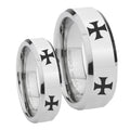 4 Maltese Cross Beveled Edges Silver Tungsten Bridal Band Set