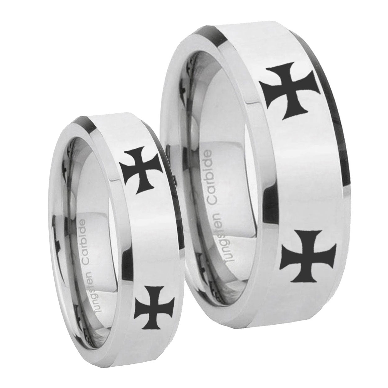 4 Maltese Cross Beveled Edges Silver Tungsten Bridal Band Set
