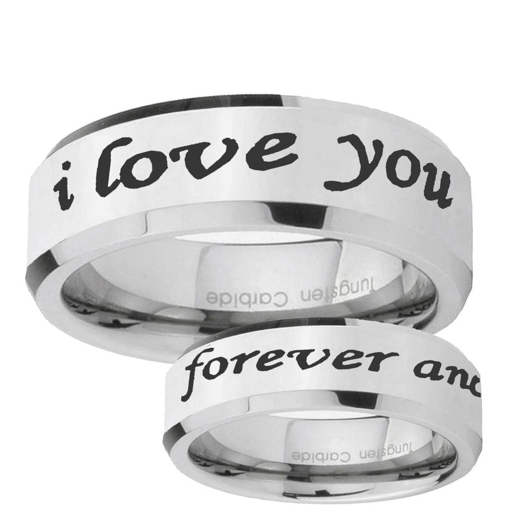 10mm I Love You Forever and ever Beveled Silver Tungsten Ring