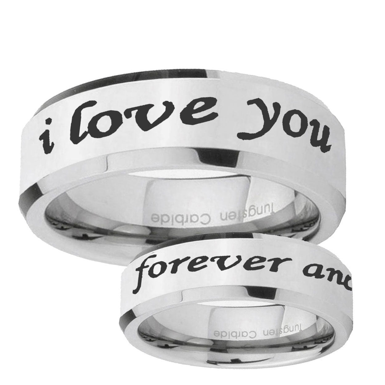 10mm I Love You Forever and ever Beveled Silver Tungsten Ring