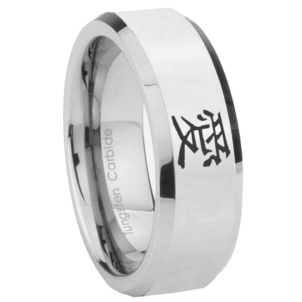 10mm Kanji Love Beveled Edges Silver Tungsten Carbide Men's Bands Ring