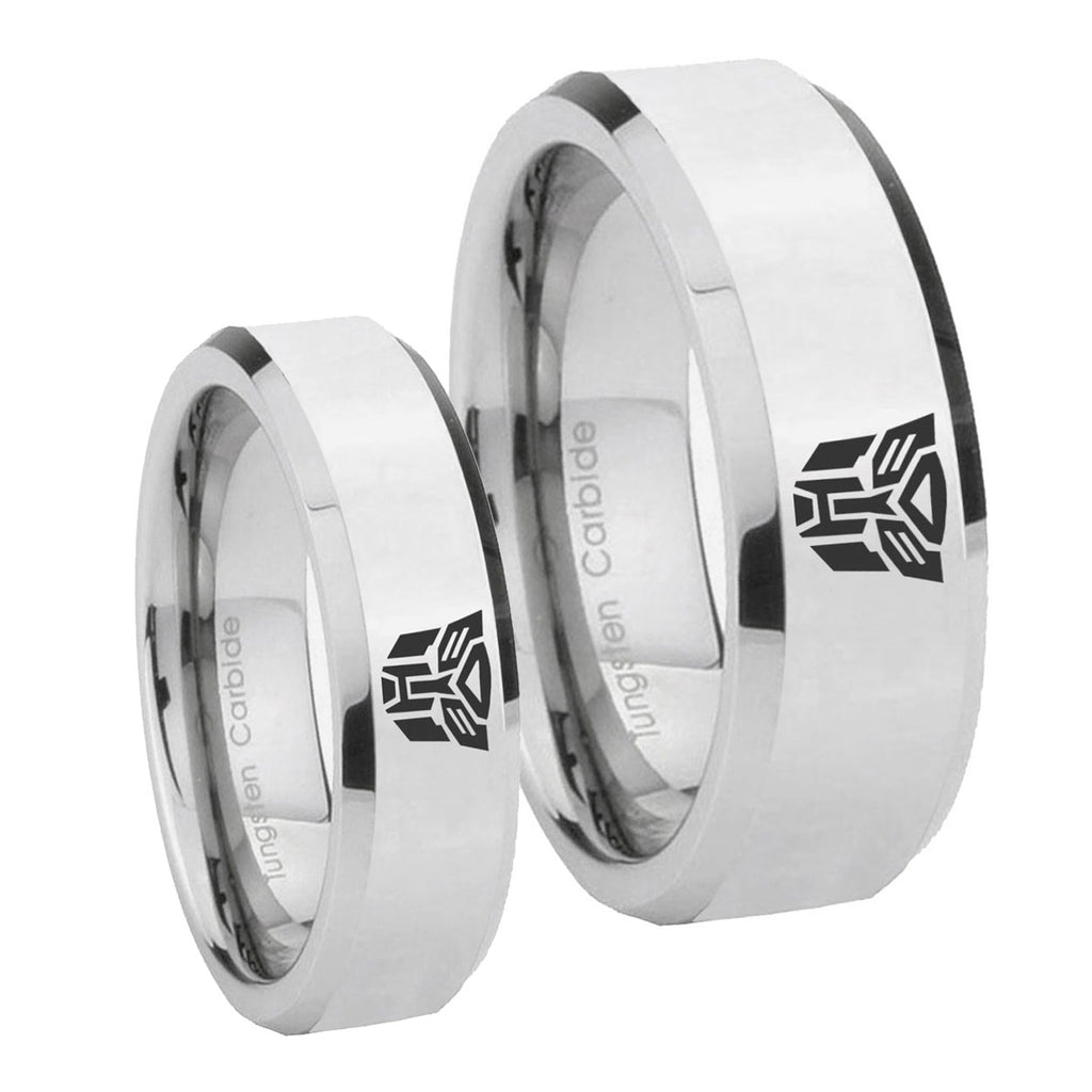 Transformers Autobot Beveled Edges Silver Tungsten Bridal Set Ring