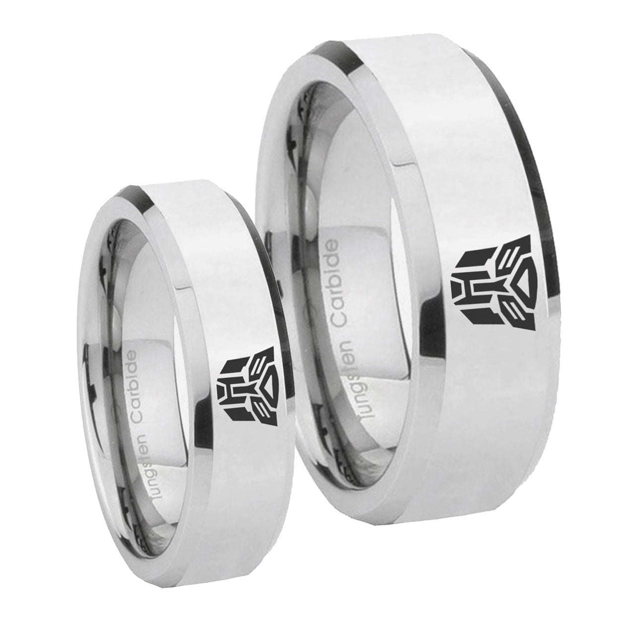 Transformers Autobot Beveled Edges Silver Tungsten Bridal Set Ring