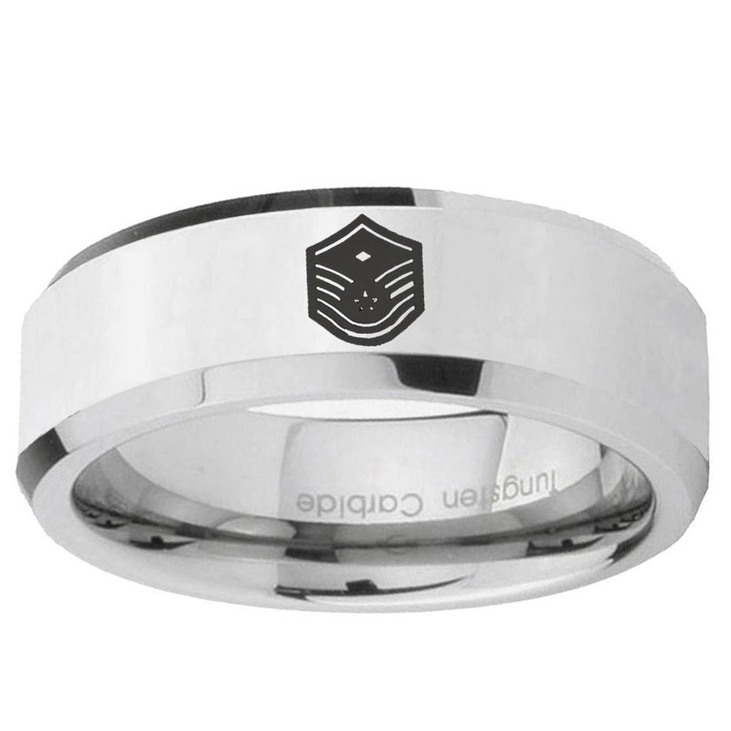 10mm Chief Master Sergeant Vector Beveled Silver Tungsten Custom Ring for Men