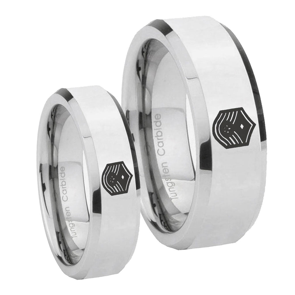 Chief Master Sergeant Vector Beveled Silver Tungsten Promise Ring Set