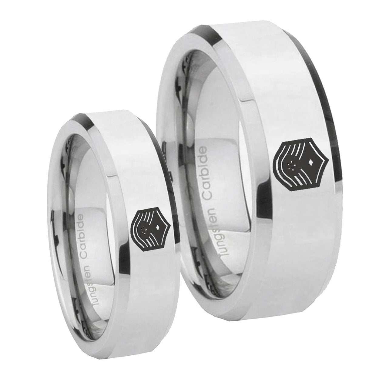 Chief Master Sergeant Vector Beveled Silver Tungsten Promise Ring Set